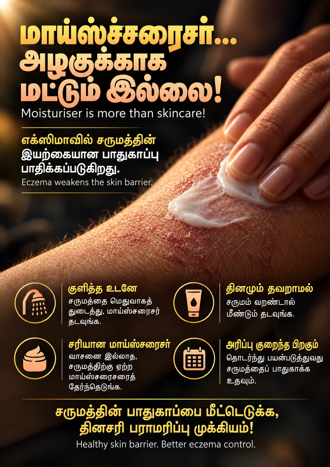 Eczema Awareness Month 2026, poster 4: Moisturiser helps protect the skin barrier.
