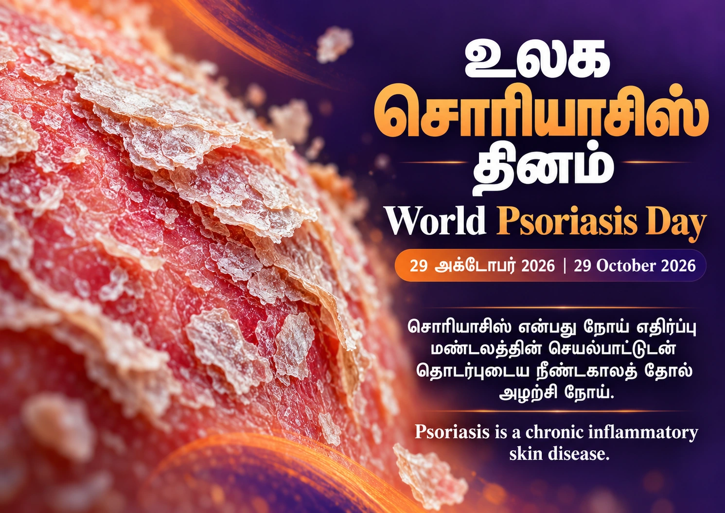 World Psoriasis Day 2026, poster 1: Psoriasis is a chronic inflammatory skin disease.
